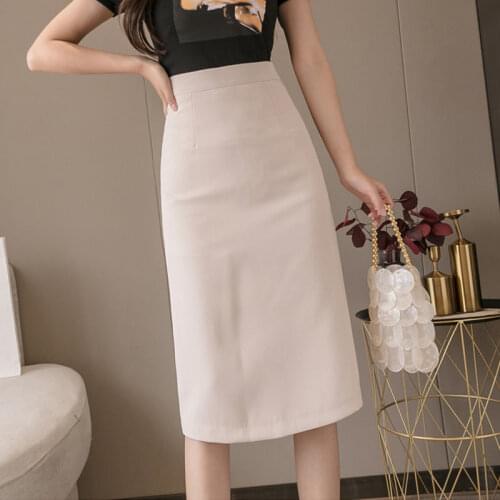 2020 New Summer Fashion Women Office Formal Pencil Skirt Spring Summer Elegant Slim Front Slit Midi Skirt Solid OL Skirts J05