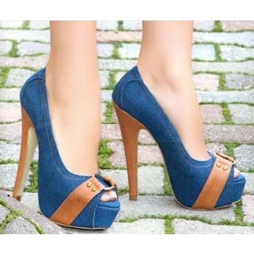 ASHIOFU Handmade Ladies High Heel Platform Pumps Denim Leather Peep-toe Office Party Slip-on Platform Shoes Daily Wear Shoes