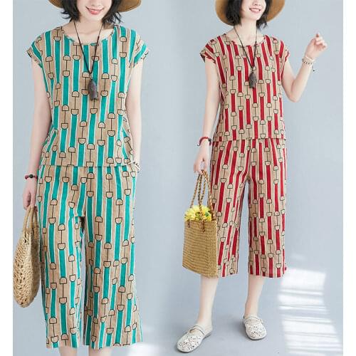 2021 Female Summer Cotton Two Piece Set Middle-aged Women Clothing Vintage Print Tops + Loose Pants Suit Elegant Lady Suits L432