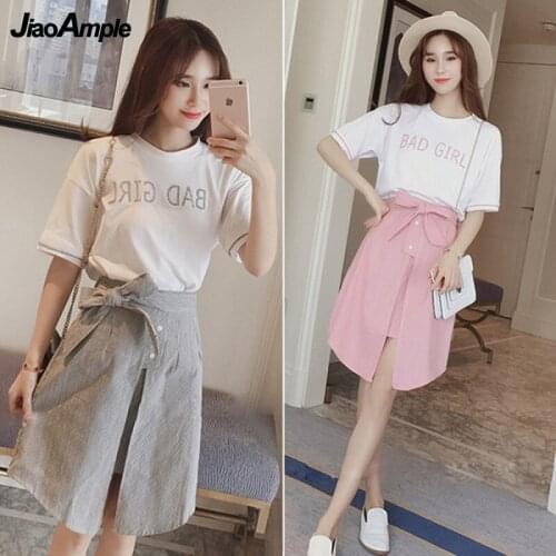 Summer Midi Skirt Suit 2021 New France Sweet Loose T-Shirt Skirts Two Piece Set Womens High Waist Sexy stripe Light Dress