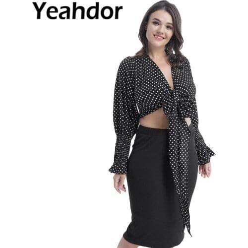 Plus Size Women Polka Dot Print Crop Tops Deep V Neck Long Puff Sleeve Open Front Tie Knot Blouse for Beach Casual Streetwear