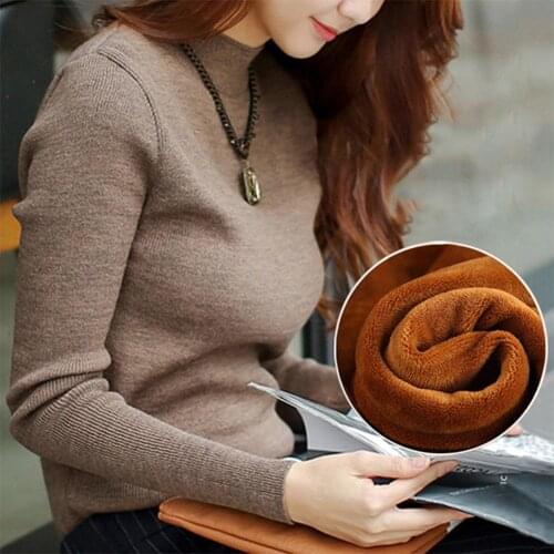 Casual Women Winter Solid Color Turtle Neck Fleeced Lined Warm Knitted Sweater warm loose knitted pullover sweater ladies