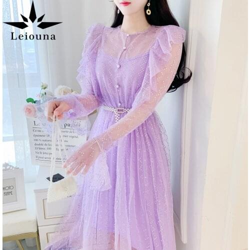 Leiouna Office Lady Sweet A-Line 2021 Fashion New Women Spring Gilded Sequin Mesh Dress With Small Fresh Skirt Belt Summer Dress