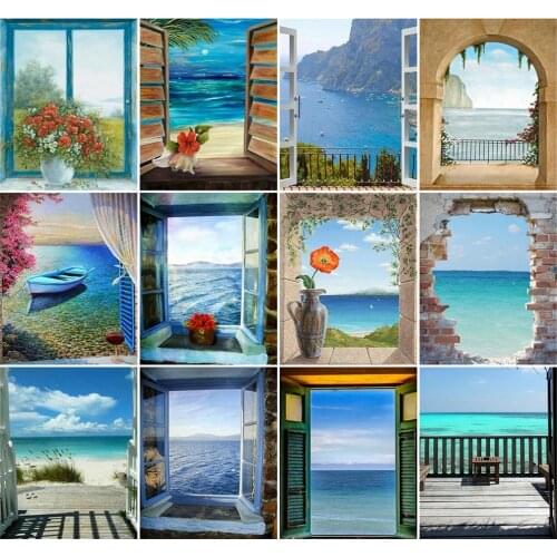 AZQSD Oil Painting By Numbers 40x50cm Window Landscape Home Decoration Coloring By Numbers Seaside HandPainted DIY Gift