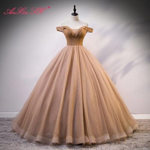 AnXin SH princess coffee golden lace beading crystal beading crystal ball gown bride party sparkly lace up evening dress