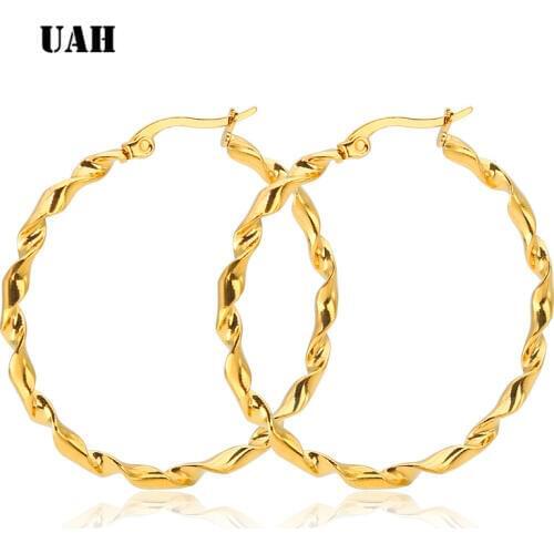 UAH Gold Color Large Round Earrings Stainless Steel Fashion Women Charm Exaggerated EarRing NighClub Jewelry Lady Gift Orecchini