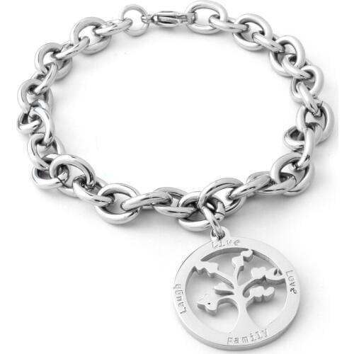 Silver Color Chain Bracelets for Men Stainless Steel Tree Pendant Bangles Love Family Word Lettering Luxury Brand Decoration