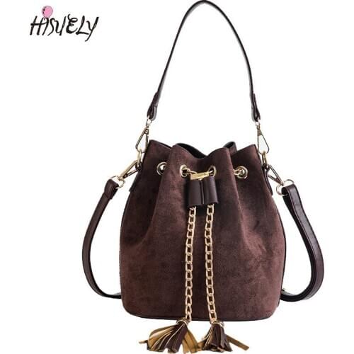 HISUELY Hot Sale Women PU Leather Handbags 2021 2 Pcs Crossbody Cute Bucket Bag Small Tassel Shoulder Messenger Bags Bolsos Q6
