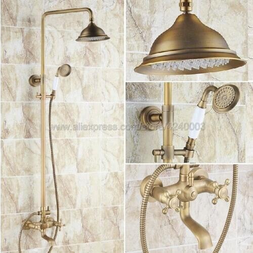 Wall Mounted Antique Brass Two Handle Shower Faucet Set 8"Shower Head Mixer Tap with Hand Sprayer Krs124