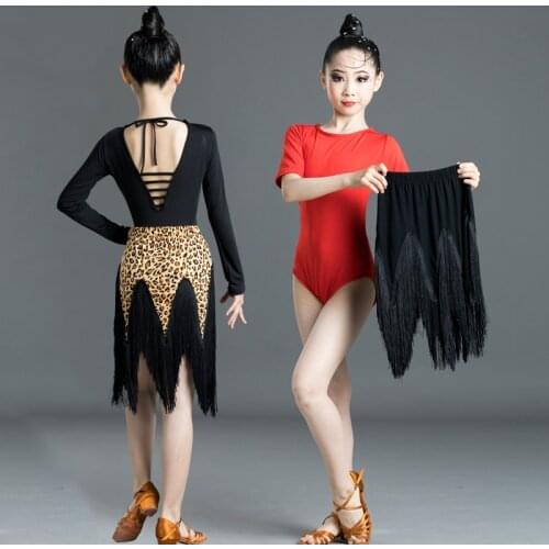 Autumn Winter New Children Latin Dance Dress Competition Regulation Clothing Latin Dance Skirt Split Tassels Leopard Suit