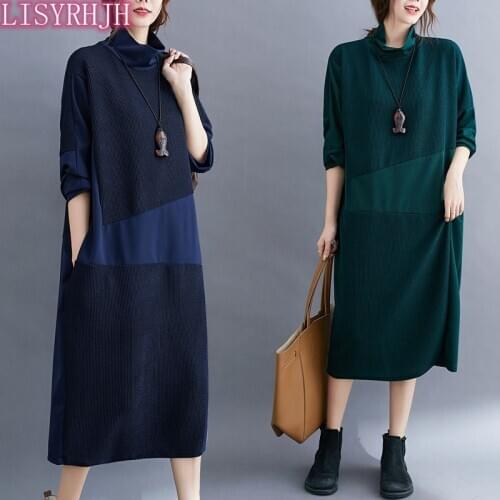 Autumn winter new products plus size womens dress temperament literary color matching stitching half high collar fashion dress