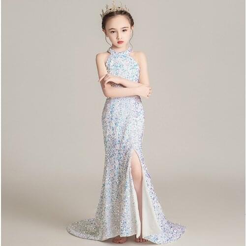Girl Princess Sexy Split Evening Dress Children Sequin Oriental Style Wedding Dresses Kids Qipao White Chinese New Year Clothes