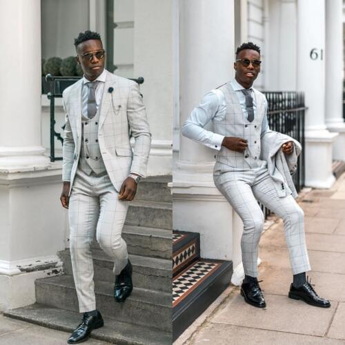 Beach Summer Check Plaid Wedding Tuxedos Evening Party Prom Mens Suits Slim Fit Best Man Blazer Suit (Jacket+Vest+Pants)