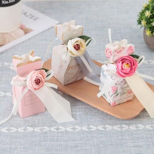 Sweet Gift Bags with Flower 50pcs Marble Wedding Favor Candy Dragee Box Wedding Baby Shower Birthday Guests Event Party Supplies