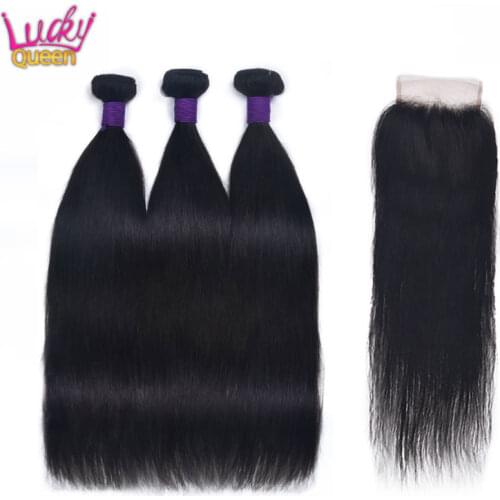 Bundles With Closure 10A Grade Remy Human Hair Extensions Lucky Queen Brazilian Straight Bundles With Closure Natural Color