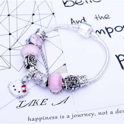 Pink little princess Kitty cat pendant bracelet Creative European and American fashion pandora-style diy bracelet