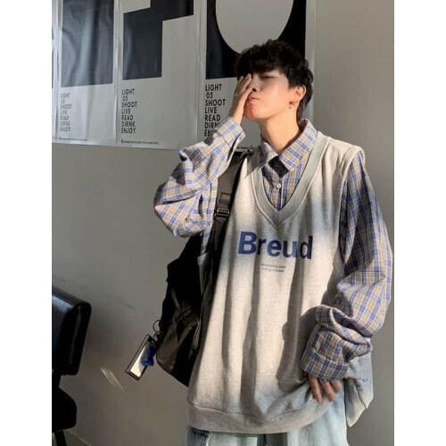 Fake two-piece shirt Men Hong Kong style spring autumn loose plaid shirt jacket Korean Hip Hop student clothes cool Streetwear