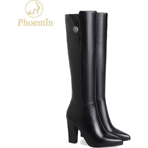 Phoentin black PU women boots knee high super high spike heels pointed toe sexy boots button decoration winter women shoes FT214