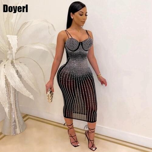 Rhinestone Bodycon Party Dress Women Elegant Luxury Sheer Mesh Sexy See Through Dress Transparent Midi Club Birthday Dresses