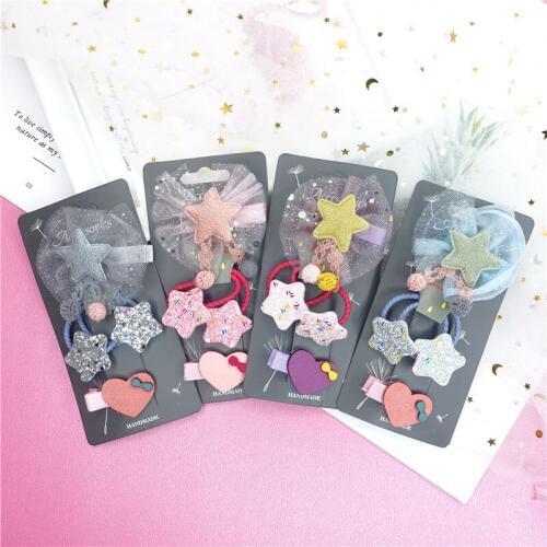 4PC NEW lovely Yarn Pentagram Heart Duck Mouth Hair Clips Hair Rope Children Suit Hair Flower Cloth Girls Hairpin