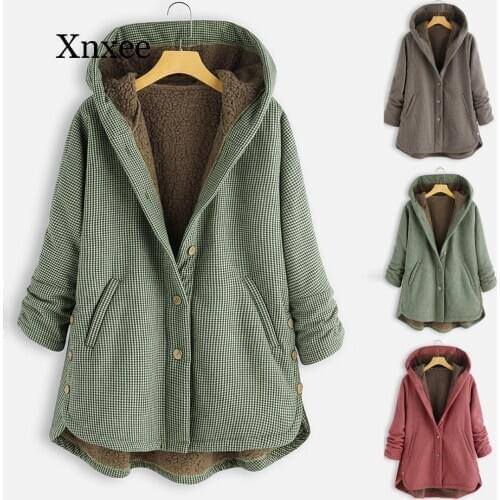 Plus Size Women Long Parkas Coats Vintage Plaid Thick Fleece Jacket Winter Female Hooded Warm Asymmetrical Button Outerwear