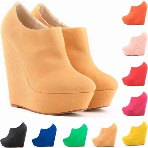 Womens Motorcycle boots Winter Boots women pu Zip Ankle Basic Round Toe Super High Wedges 14CM Solid women boots