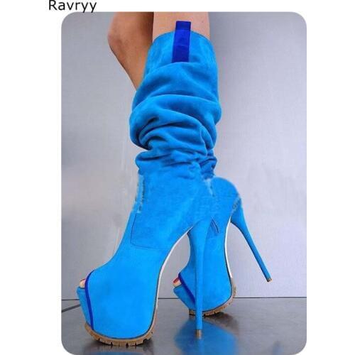 Womans long boots Blue Suede women booties platforms thin heel peep toe female shoe autumn winter fashion model party club show