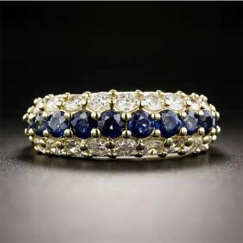 2021 Classic Ladies Gold Color Blue White Crystal Rhinestone Zircon Metal Ring for Women Party Jewelry Accessories Size 6-11