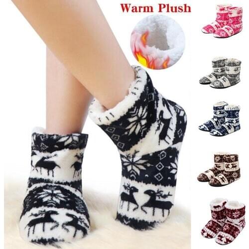 Winter Floor Shoes Woman Hoouse Slippers Christmas Elk Indoor Socks Shoes Warm Fur Contton Slipper Plush Insole Anti-Skid Sole