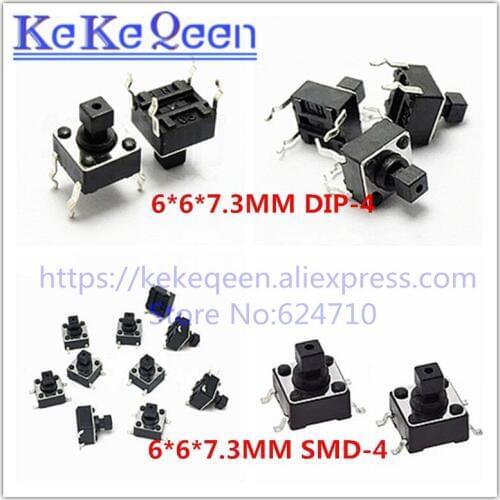 20pcs 6*6*7.3MM Square Head 6*6*7.3 H 4 pin DIP / SMD Micro Touch Switch Button Switch DIP-4/ SMD-4 induction cooker 6x6x7.3 mm