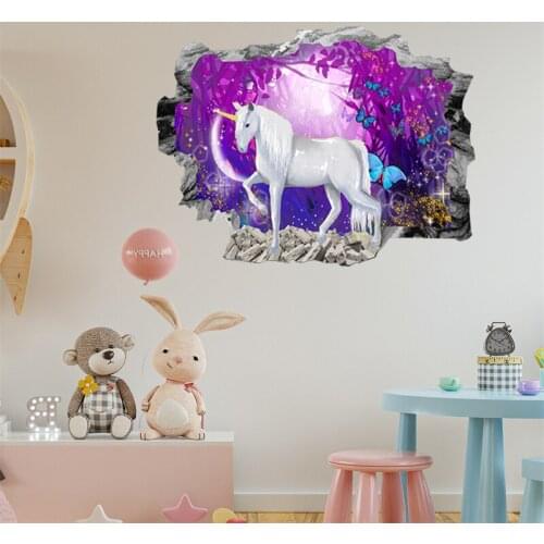3D Unicorn Wall Stickers Kids Room Home Decor Purple Unicorn Wall Decals Living Room Decorative Stickers Teen Room Wall Decor