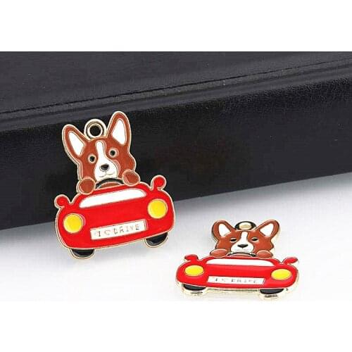 5pcs Gold Color 28x24mm Cute Corgi Dog With Car Charms Animal Driver Pendant Fit DIY Jewelry Making Handcrafted Accessories