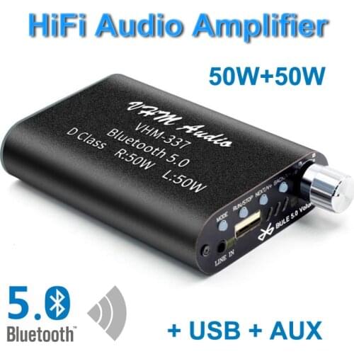 50W+50W Mini Bluetooth 5.0 Digital Amplifier Hifi Stereo Audio Class D Receiver Power Amp USB AUX Home Theater Amplificador