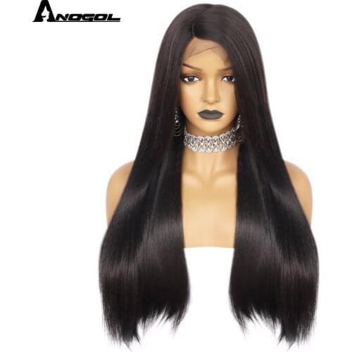 Anogol Heat Resistant Hair Black Color Straight Futura Lace Front Wig Japanese Fiber Wig Heat Resistant Wig