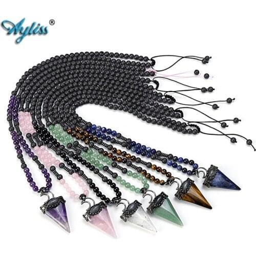 Ayliss Natural Crystal Pendants Spectrolite Triangle Gem Stone Beads Necklace with Braided Rope Healing Reiki Pendants Necklaces