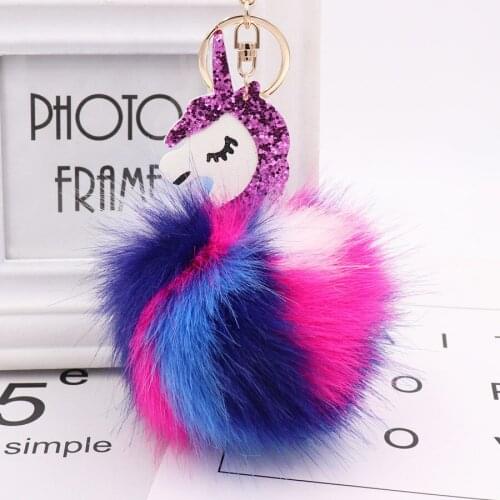 2021 Girl Rainbow Color Hair Ball Unicorn Key Ring Fluffy Pendant Imitation Fox Fur Keychain Ladies Backpack Car Pendant Gift