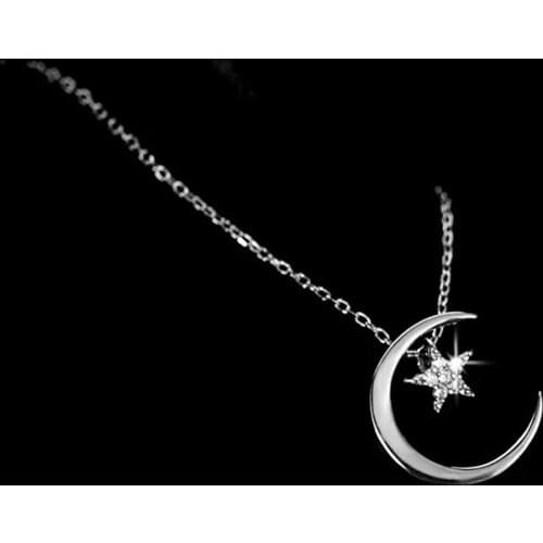 925 Sterling Silver Link Chain Crystal Star Moon Charm Pendent Necklace For Women Girls Party Jewelry Choker Collar dz167