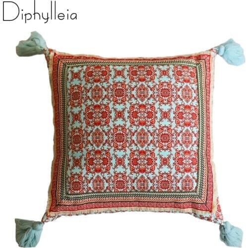 Diphylleia Original Design Folk Style Embroidered Pillow Cover Sofa Square Pillow Case Printed Lace Cushion Cover With Tassels