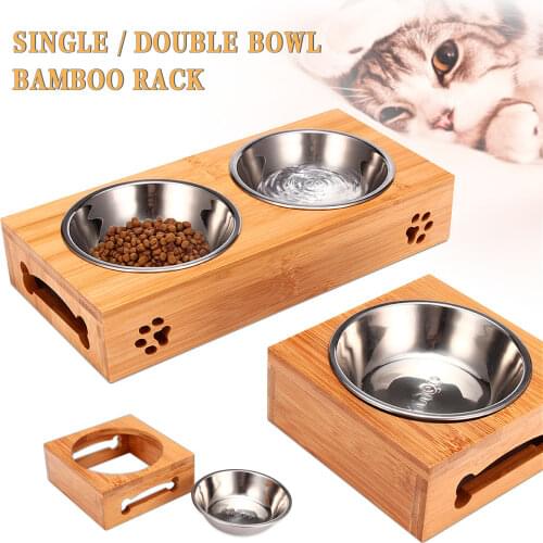 Double Single Dog Bowls for Pet Puppy Stainless Steel Bamboo Rack Food Water Bowl Feeder Pet Cats Feeding Dishes Dogs Drink Bowl