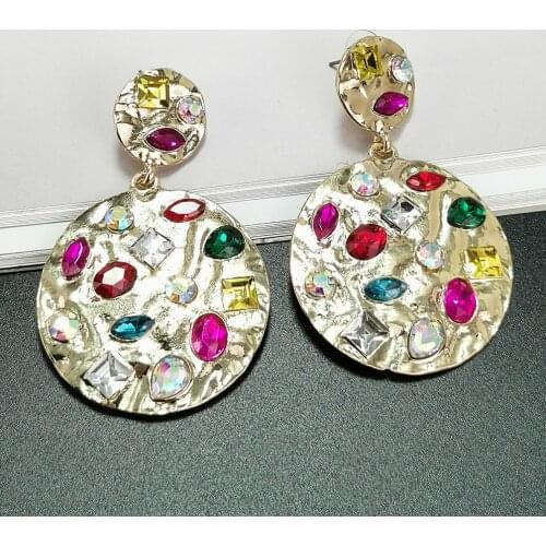 Trendy Circle Metal Colorful Crystal Dangle Earring For Woman Statement Big Party Wedding Earring Accessories UKMOC