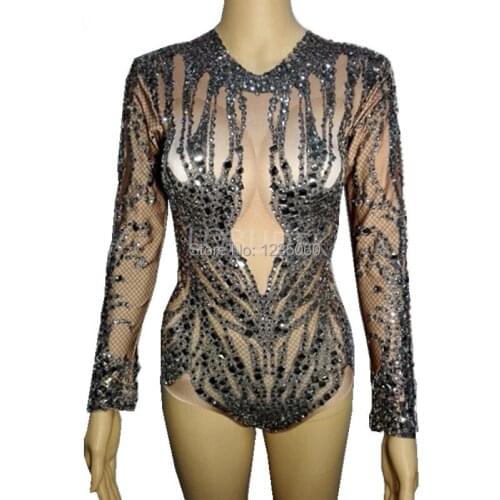Fashion Female Leotard bodysuit sexy costume full diamond Shining Black stone jumpsuit bright Crystal Rompers Singer dancer star