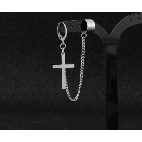 Stainless Steel Ear Cuffs Dangle Chain Earrings Cross Star Pendant Ring Hoop Set R7RF