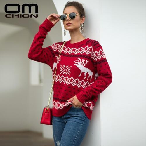 OMCHION Female Sweater Autumn Winter Christmas Sweater Woman Knitted Pullover Long Sleeve Deer Snowflake Warm Ladies Tops LMM08