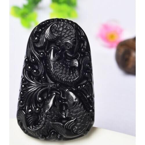Wonderful Chinese Handwork Natural Black Obsidian Carved Fish Happy Reunion Lucky Blessing Pendant Necklace Fashion Jewelry
