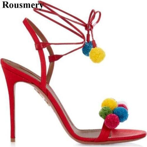 New Fashion Women High Quality Pompon Design High Heel Sandals Open Toe Lace-up Sandals Formal Dress Shoes Free Shipping