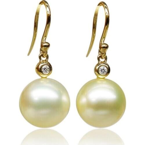 10-11MM Real South Sea Light Golden Pearl Diamond Drop Earrings 18K Yellow Gold