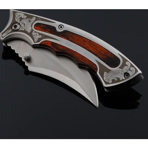 Folding Knife Outdoor Survival Tactical Pocket Knife Wood Handle Camping Hiking Hunting Knives for Self-defense EDC Tool