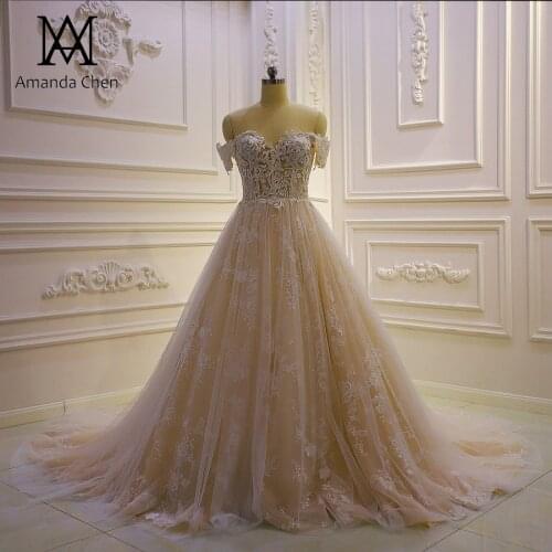 Mariage Off Shoulder Short Sleeve Lace Applique Wedding Dress