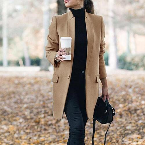 UZZDSS Women Long Coat 2021 Autumn Winter Lapel Long Sleeve Coats Office Ladies Solid Slim Overcoat Outwear