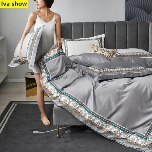 A Version Of Washed Silk Bedding Set + B Version Of Cotton Bedding+ Silver Grey Sheets Bed+European Craft Sheets Bed